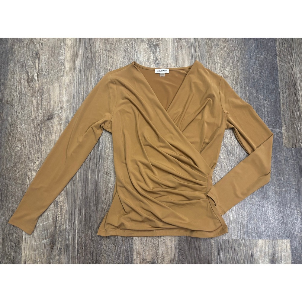 Calvin Klein Womens Long Sleeve Faux Wrap Surplice Ruched Top Camel Tan Small